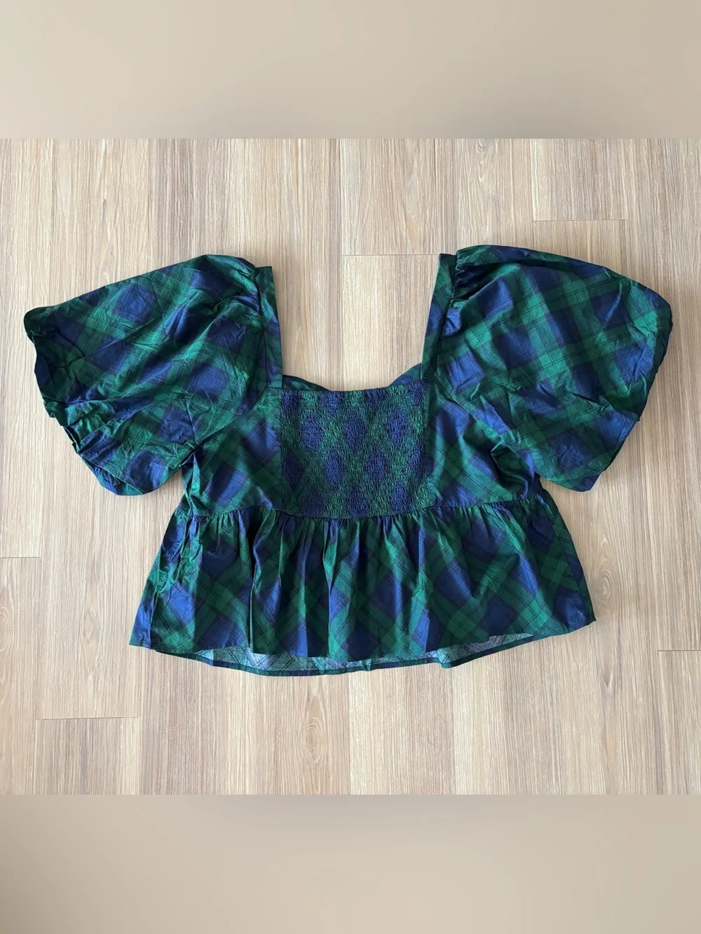 Old Navy Top Plaid Puff Sleeve Poplin Peplum Blue Green Womens 3X NWT Preppy